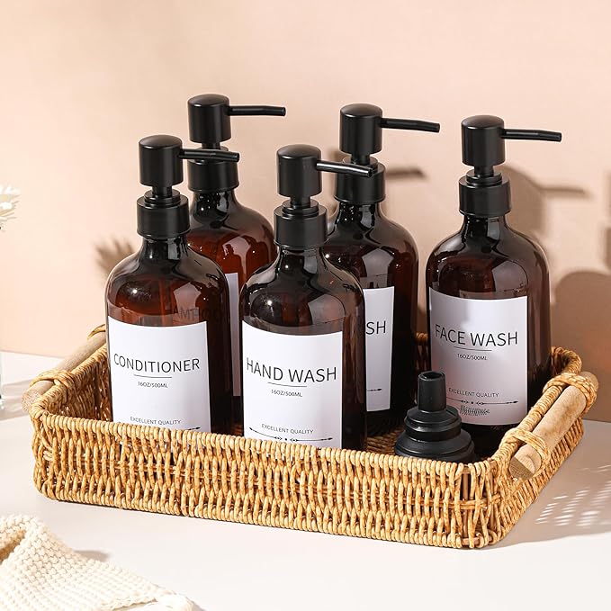 Shampoo and Conditioner Bottles(5Pack),Shampoo Dispenser for Shower,Bottles Refillable with Pump,Bathroom Dispenser Sets(Amber)