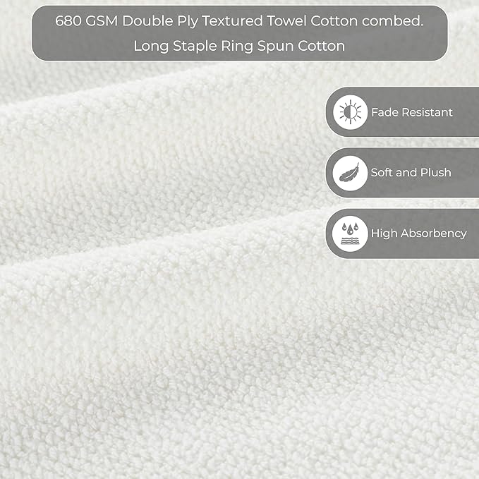 6-Piece Towel Set, 680 GSM, 2 Bath Towels, 2 Hand Towels, 2 Wash Cloths,100% Cotton Premium Quality, Ultra Soft, Super Absorbent Popcorn Textured Weaved for Spa, Hotels & Bathroom-Ivory/Cream