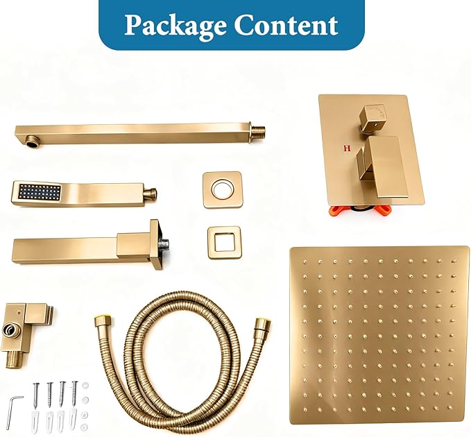 10 inch Square Shower Head and Handheld Set, Gasecoet Shower System with Tub Spout Wall Mounted Shower Faucet for Bathroom - Brushed Gold (With Shower Valve)