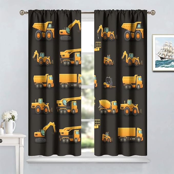Kids Construction Window Curtains, Construction Machinery Equipment Mode of - Image 2