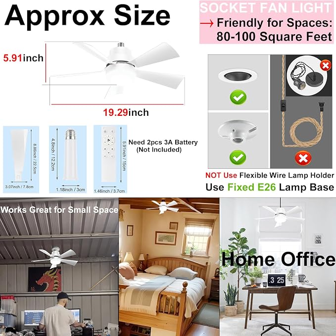 Socket Fan Light with Remote, E26 Screw in Ceiling Fan w/Spare Light 1200 - Image 2