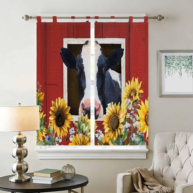 Cow Sunflowers Living Room Curtains 84 Inch Length, Window Curtains Tab Top - Image 2