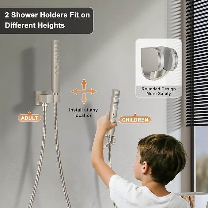 Shower Faucet Set, Wall Mount Shower System 12-inch & 6-inch Dual Shower Head Set with 2 in 1 Handheld Spray Rain Shower Faucet with Rough-in Valve and Shower Trim Kit, Brushed Nickel