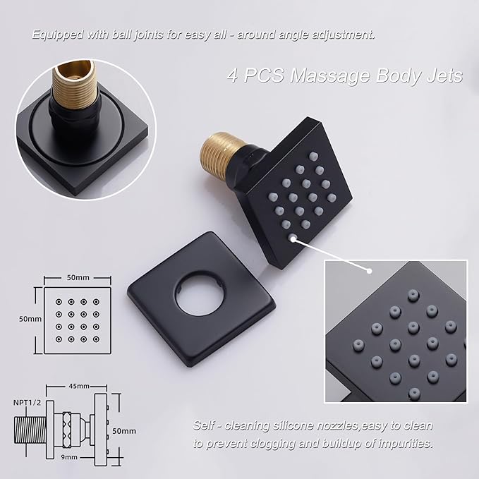 Matte Black Shower System with Body Jets, 12 inch Wall Mounted Shower Head and Handheld Spray