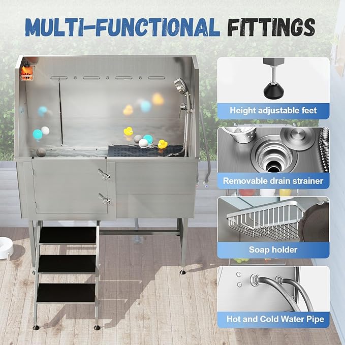 Albott 50 in Professional Dog Washing Station - 304 Stainless Steel Pet Bathtub with Stairs Features Adjustable 3-Speed Showerhead, Removable Grates, Easy to Clean, L-Size (Left)