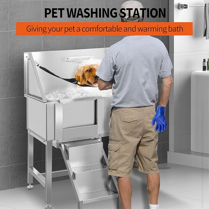 38" Dog Washing Station Large Dogs Grooming Tub Professional Stainless Steel Dog Bathtubs Bathing Tub Pet Washing Station for Home with Steps,L-Door