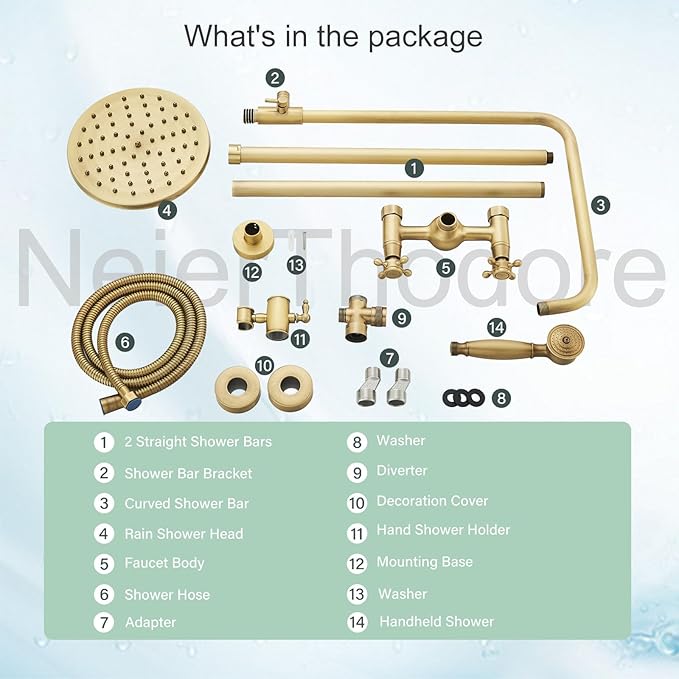 NeierThodore Antique Brass Bathroom Shower Faucet System Set 8 Inch Rainfall Shower Head Handheld Spray 2 Knobs Mixing