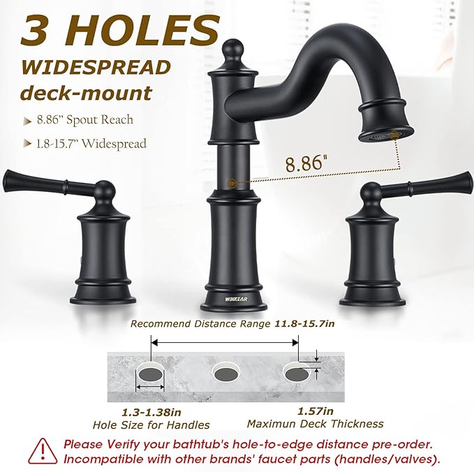 Roman Bathtub Faucet Deck Mount Tub Faucet for Bathroom Widespread Elegant Classic Spout with 3 Holes 2 Handle Valve Cartridge Included, Matte Black