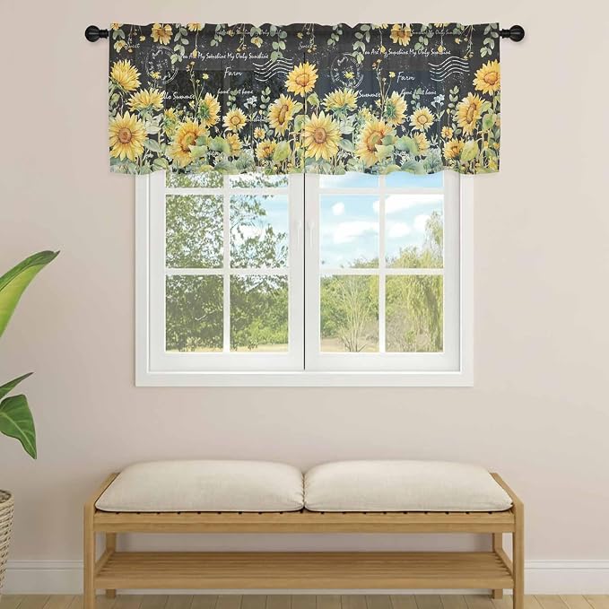 Summer Floral Sheer Valance Curtains, Watercolor Sunflower Eucalyptus Leaves - Image 4