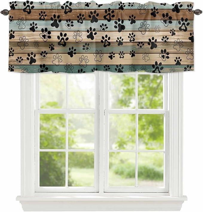 Dog Paws Valances for Windows, Teal Brown Wood Grain Kitchen Valance Light by Unknown