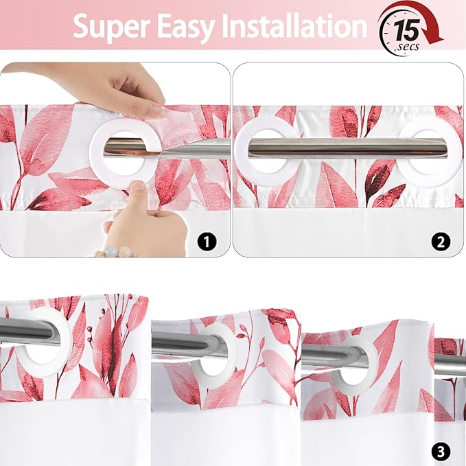 No Hook Shower Curtain and Liner Set, Pink Eucalyptus Floral Shower Curtains for Bathroom, Bath Curtain Sets with Snap in Liner, Waterproof with See Through Top Window, 71x84 Inches