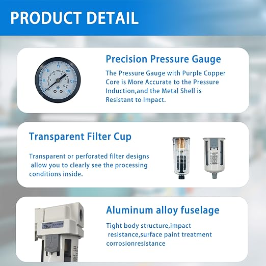 XingNEeng 1/4" NPT Compressed Air Filter Regulator Combo Piggyback, Water/Oil - Image 6
