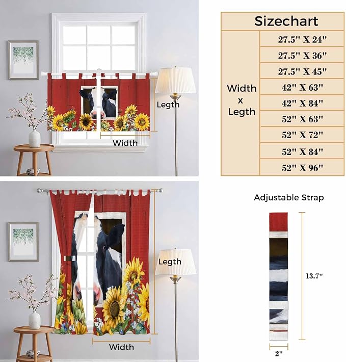 Cow Sunflowers Bathroom Curtains 63 Inch Length, Window Curtains Tab Top - Image 8