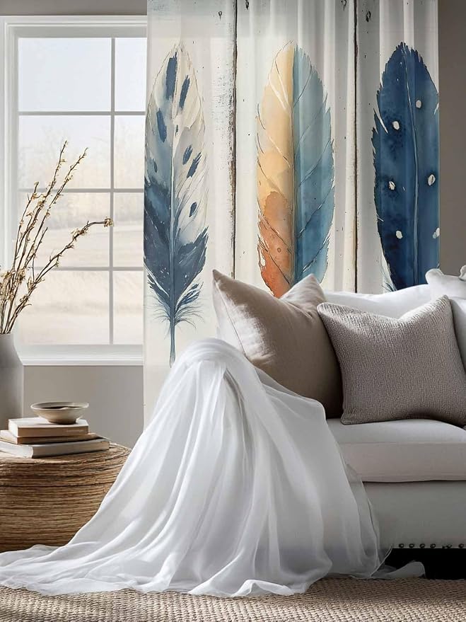 Sheer Curtains 72 Inches Long, Boho Ombre Vintage Wooden Grain Privacy Voile - Image 4