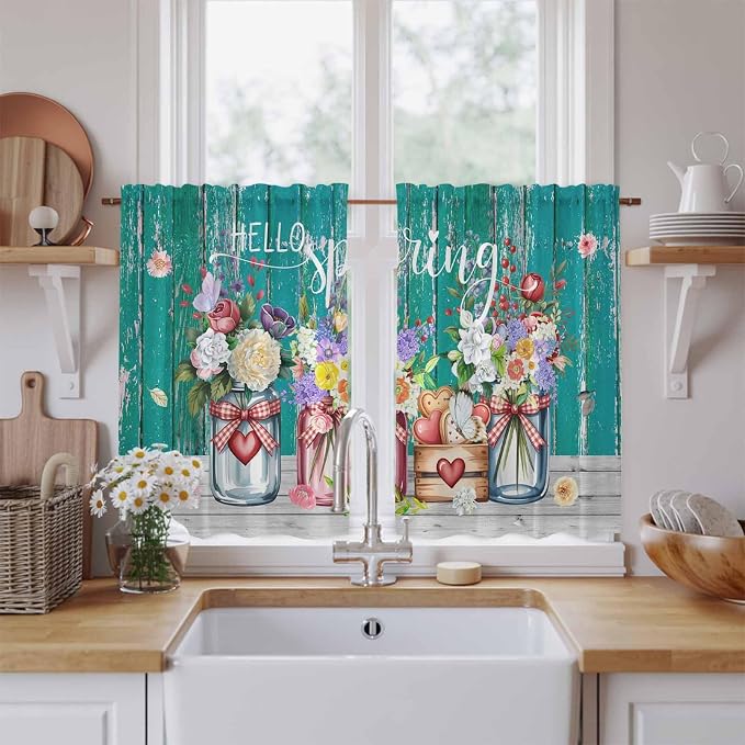 Spring Flowers Tier Curtains, Farmhouse Watercolor Teal Wood Grain Light - Image 2