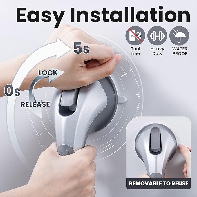 LEVERLOC Shower Grab Bars 2 Pack, Suction Grab Bar Easy to Install Shower Handle for Bathroom Removable Handrails for Seniors Elderly Heavy Duty Safety Grip Waterproof Drill Free, Silver
