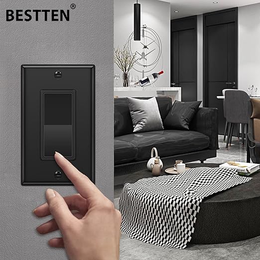 BESTTEN 10 Pack Single Pole Decorator Wall Light Switch with Wallplate, 15A 120/277V, On/Off Rocker Paddle Interrupter, UL Listed, Black