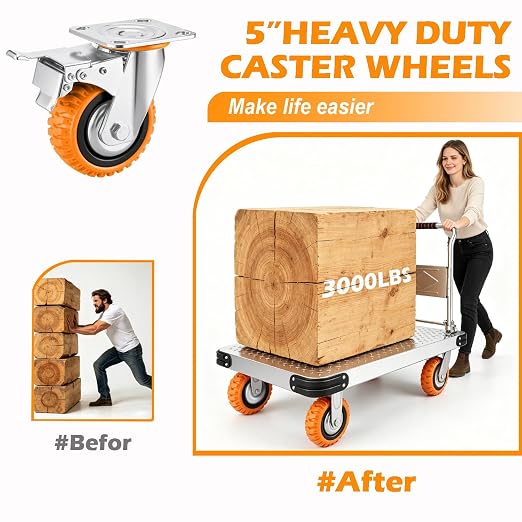 5 Inch Heavy-Duty Polyurethane Caster Wheels–360° Swivel & Dual-Lock Brake - Image 5