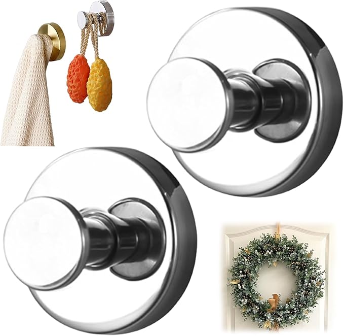 Removable & Reusable Suction Cup Hooks for Shower, Heavy Duty No-Drill Cup Hooks for Towels, Robes, Loofah–Wreath Hangers for Front Doors,Doors & Smooth Surfaces (Light Silver, 2 Pack)