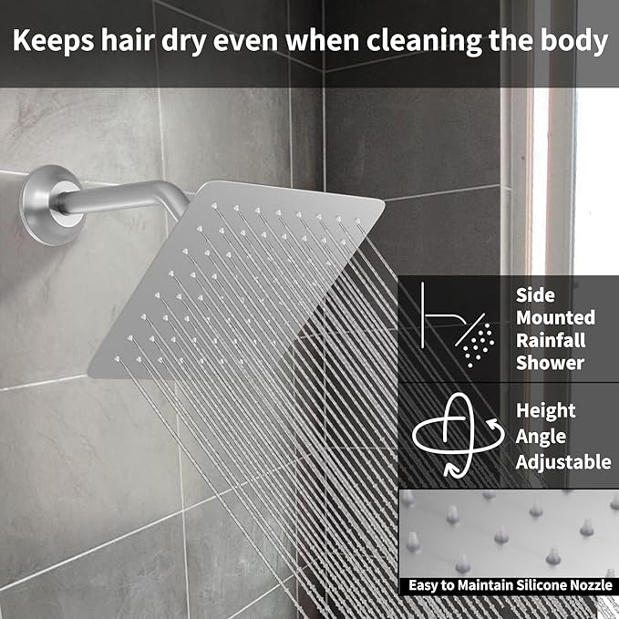 Temperature Display Shower Fixtures Brushed Nickel Rainfall Shower System, Push Button Shower Faucet with 2 Wall Mounted Shower Head(12+8"), Handheld Shower