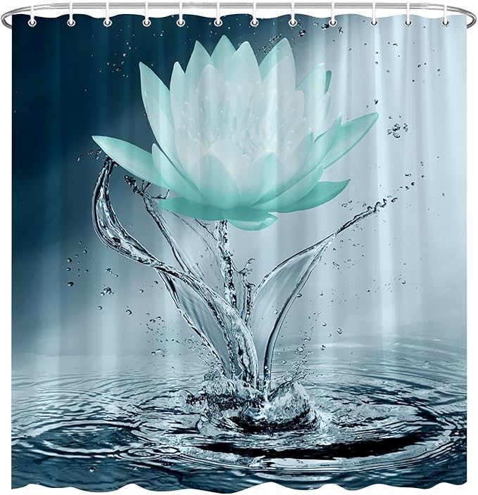 Lotus Shower Curtain Black White Teal Flower Elegant Blooming Floral with Dew Spring Flower Reflection on Water Modern Romantic Polyester Fabric Bathroom Decor 70×70 Inch with Hook