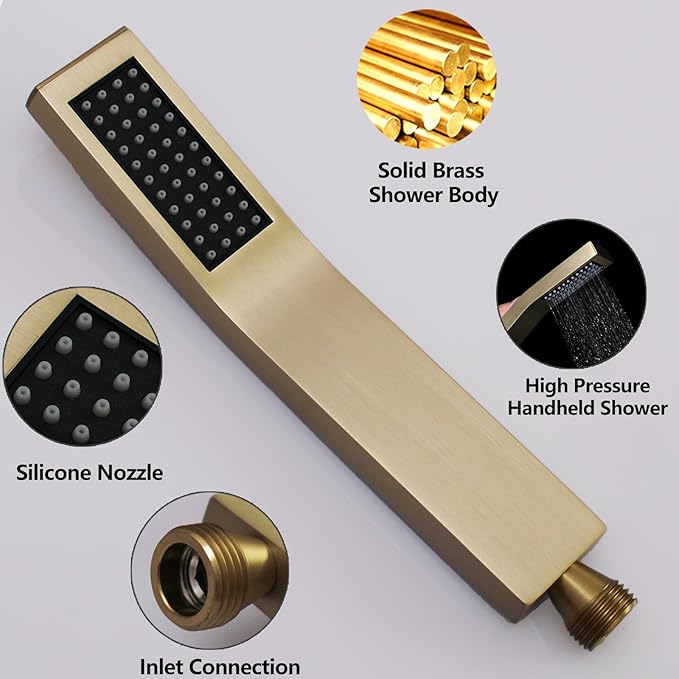 Hand Held Shower Head Combo Set Square Shower Wand Brushed Gold Solid Brass Shower Head With Adjustable Shower Holder and Hose Wall Mount Handheld Showerheads Set