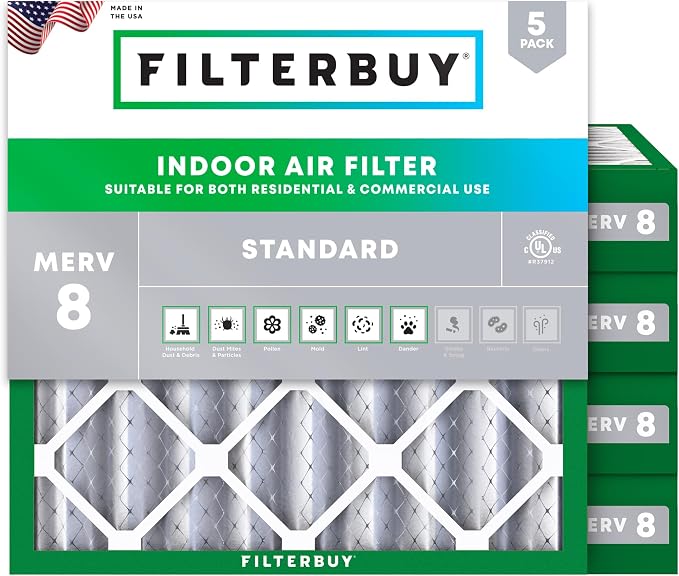 Filterbuy 25x25x4 Air Filter MERV 8 Essential Dust & Allergy Defense, by Filterbuy