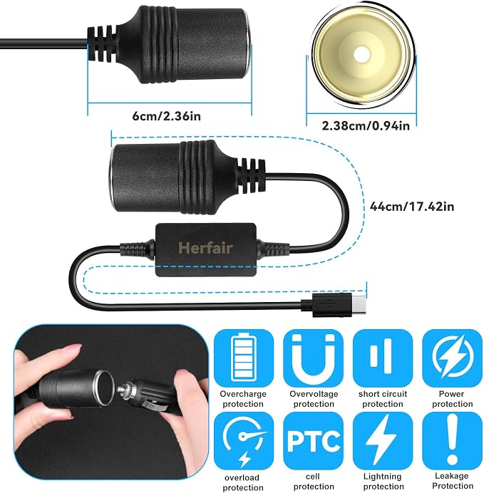 USB C Male to 12V Car Cigarette Lighter Socket Female Converter Adapter Power - Image 2