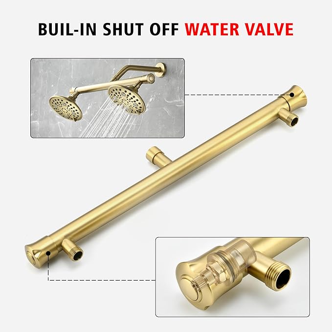 sumerain 2-in-1 Dual Shower Heads with Shut-off Valve for Two People,High Pressure 6 Function Sprayer and 20" Long Shower Arm,Brushed Gold