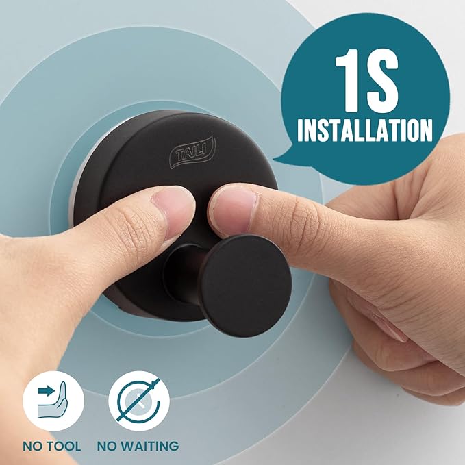 TAILI Stylish 304 Stainless Steel Bathroom Suction Hooks for Towel, Bathrobe, Loofah, No Damage Hanging Glass Shower Wall Hook, Patented Strong Suction Cup Holder, Hold Up to 11 Lbs, O-Cylinder Black