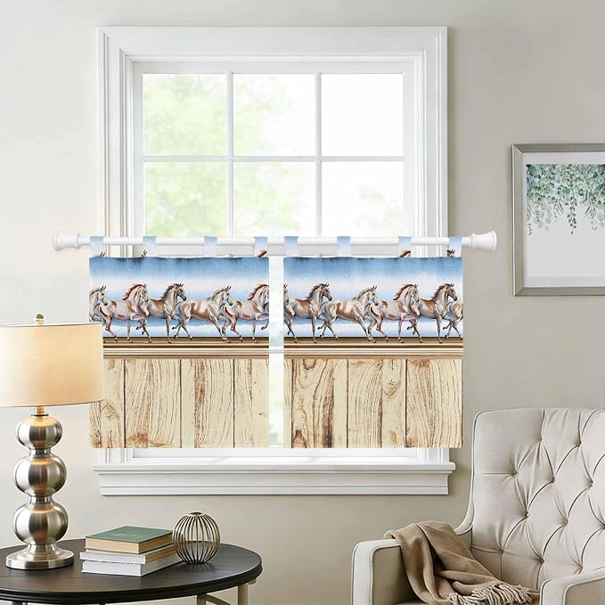 Western Horse Kitchen Curtains 24 Inch Length, Small Window Curtains Tab Top - Image 2