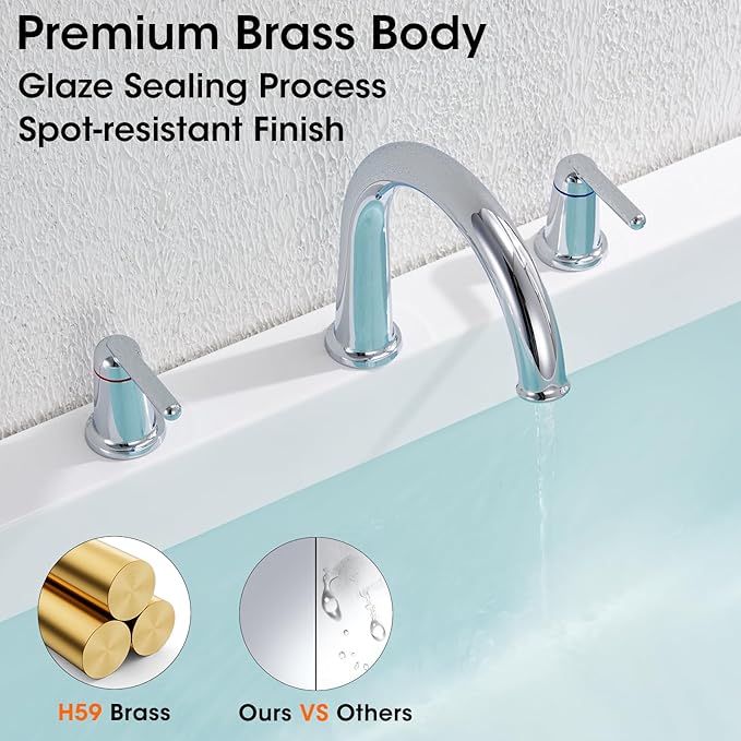 Roman Bathtub Faucet with Rough-in Valve 3 Hole Widespread Deck Mount Bath Faucet Set High Flow Rate 2 Handle Tub Filler Trim Kit Brass High Arc Tub Faucet Polished Chrome (WT-9807CP)