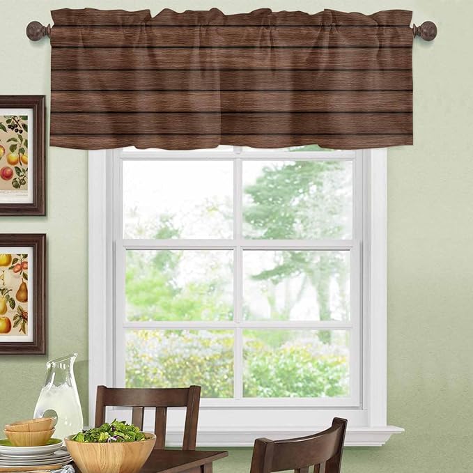 2 Pack Kitchen Valance for Windows, Farm Brown Wood Board Light Filtering Rod - Image 8