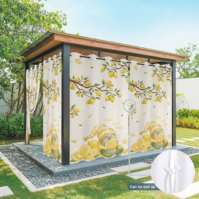 Summer Outdoor Curtains for Patio Lemon Gnome Leaf Linen Texture Waterproof - Image 7