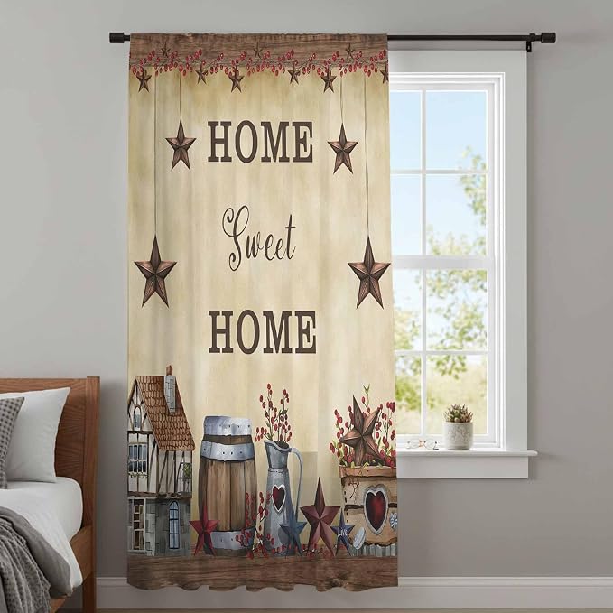 Farm Sheer Curtains 63 Inch Length American Country Barn Star Vintage Berry - Image 4