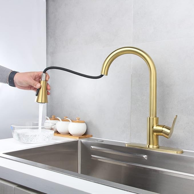 Gold Kitchen Faucet with Pull Down Sprayer Modern Stainless Steel High Arc - Image 2