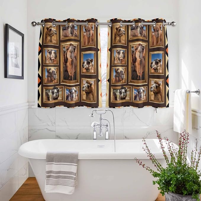 2 Panel Kitchen Cafe Curtains, Wildlife Camels Sunlight Filtering Nature Air - Image 3