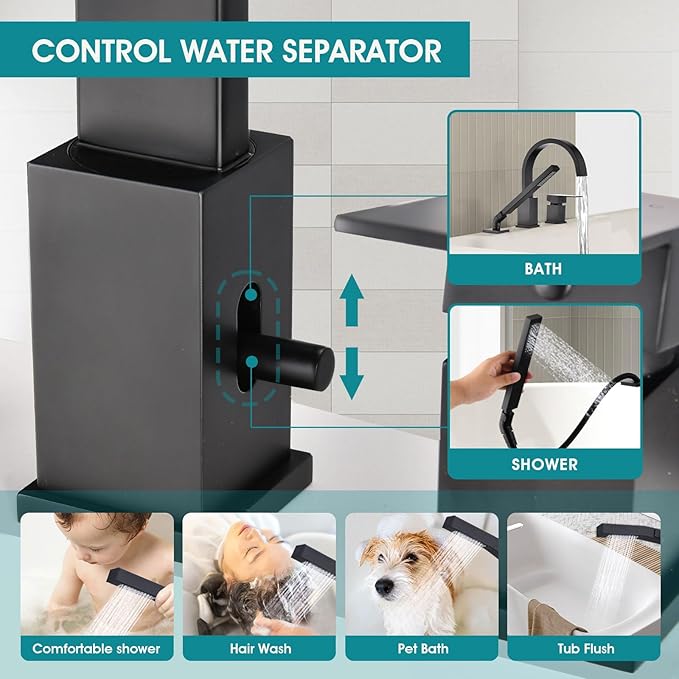 Brass Roman Tub Faucet with Sprayer, Deck Mount Bathtub Faucet with Hand Shower, 3 Hole Waterfall Tub Faucet with 360° Spout, Single Handle Tub Filler with 8 GPM High Flow, Matte Black