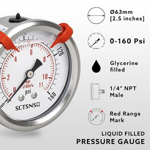 0 to 160 Psi Pressure Gauge, Glycerin Liquid Filled, 2.5 inch Dial, 1/4" NPT - Image 2