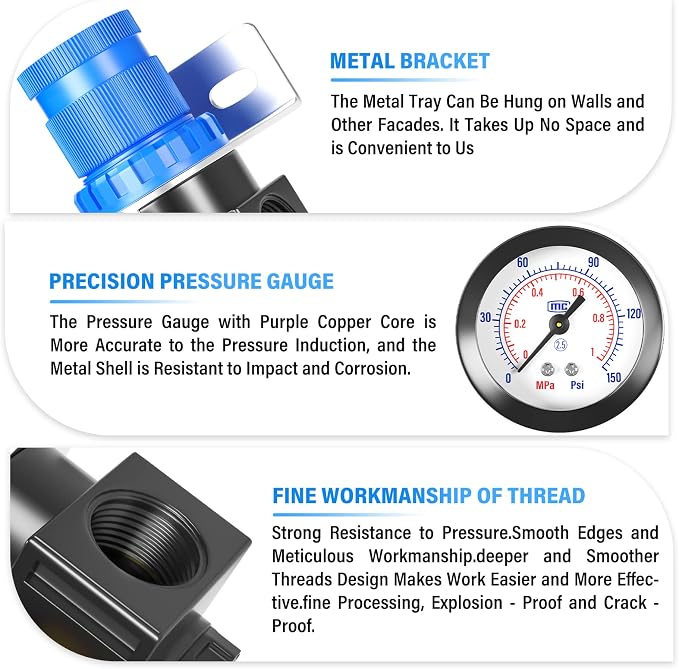 TAILONZ PNEUMATIC 5-in-1 1/4 Inch NPT AR2000 Mini Pressure Regulator Kit - Image 3