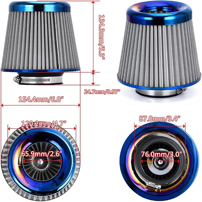 PTNHZ Universal Burnt Blue Neck 3" 76mm Car High Flow Cold Air Intake Air - Image 3