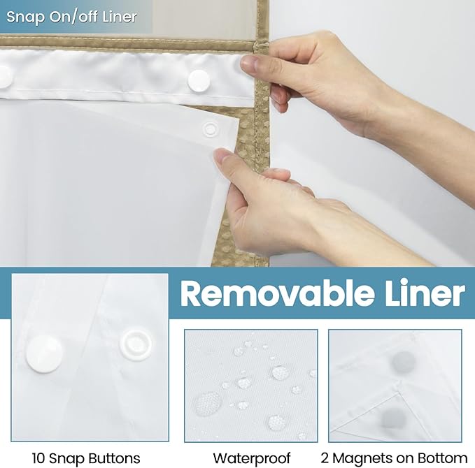 Beige Stall No Hook Shower Curtain with Snap in Liner,230GSM Waffle Weave Shower Curtains for Bathroom,54W x 80H