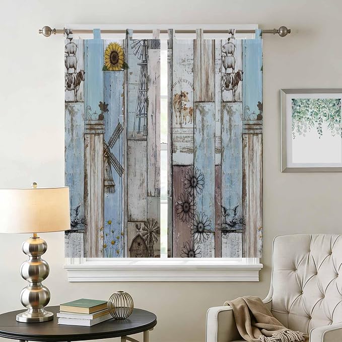 Blue Grey Wooden Bathroom Curtains 63 Inch Length, Window Curtains Tab Top - Image 2
