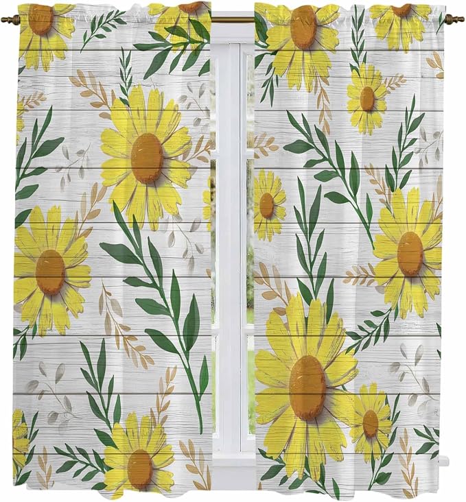 Yellow Daisy Kitchen Curtains, Farmhouse Country Flower Leaf Plant Wood Grain by Unknown