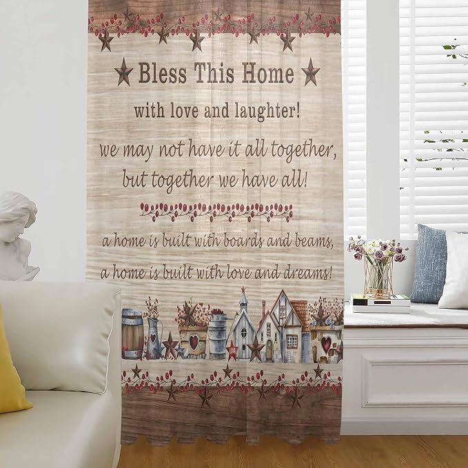 Farmhouse Sheer Curtains 96 Inch Length Brown Country Star Berry Vintage Wood by Unknown