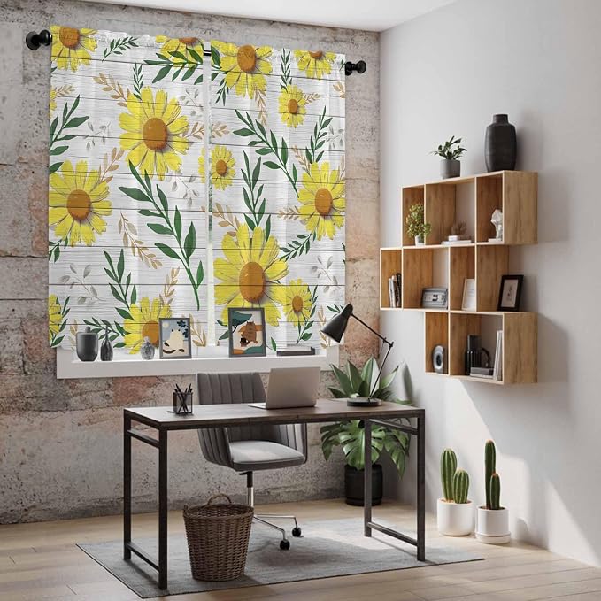 Yellow Daisy Kitchen Curtains, Farmhouse Country Flower Leaf Plant Wood Grain - Image 6