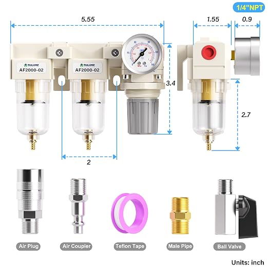 TAILONZ PNEUMATIC 1/4 Inch NPT 3 in 1 Air Filter Pressure Regulator Combo - Image 2