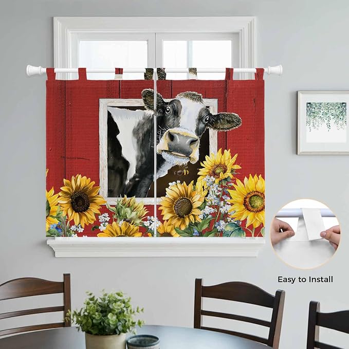 Cows Sunflowers Bedroom Curtains 63 Inch Length, Window Curtains Tab Top - Image 4