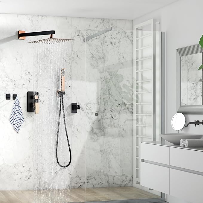 Shower Faucet Set, Matte Black and Rose Gold Rainfall Shower System Complete Wall Mounted for Bathroom with 12 Inch Square Shower Head and Handheld Shower Head Rain Mixer Combo Set