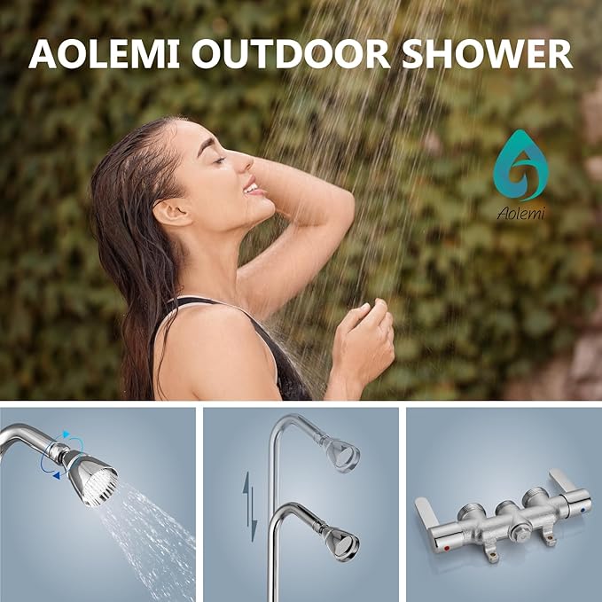 Aolemi Outdoor Shower Fixtures Outdoor Shower Kit Faucet System 3 Inch Center 2 Handle Exposed Shower with Brass Mix Valve with Adjustable Bar Pipe Upward Polish Chrome